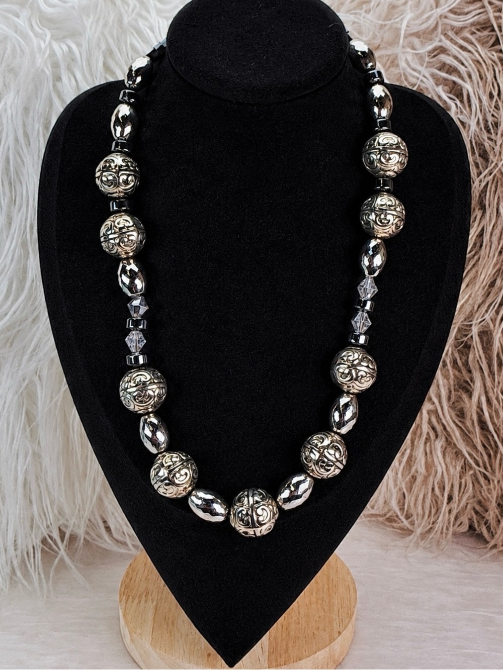 Vintage aged, Silvertone and hematite Beaded Necklace